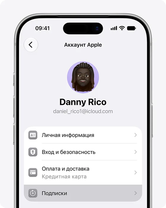 Экран «Аккаунт Apple» на iPhone, пункт «Подписки» выделен